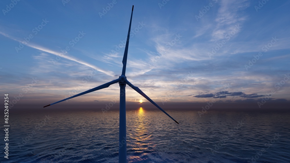 Fototapeta premium ULTRA HD. Ocean Wind Farm. Windmill farm in the ocean. Offshore wind turbines in the sea. Wind turbine from aerial view, 3d rendering. 