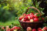 Wicker basket full of apples on green leaves background