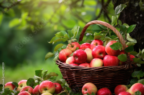 Wicker basket full of apples on green leaves background