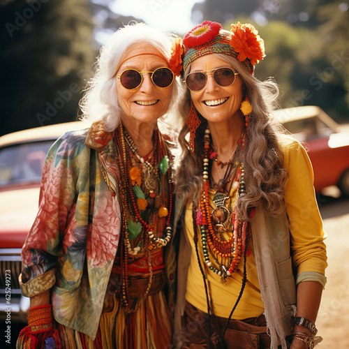 smiling older women and Men hippies in 70s clothing chanting at the concert. AI generative.