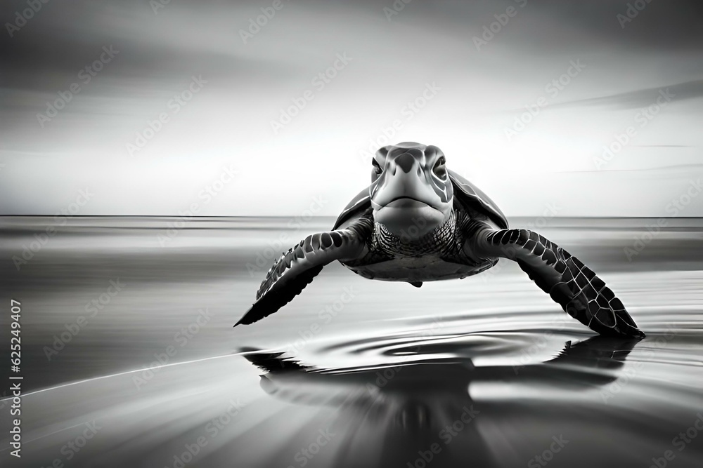 Turtle Streamlined Body Turtle in Sea in Black and White, The graceful sea turtle glides ...