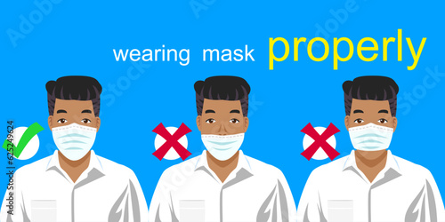 Showing right and wrong way how to wearing face mask properly by three men to avoiding pollution and viruses or illness.