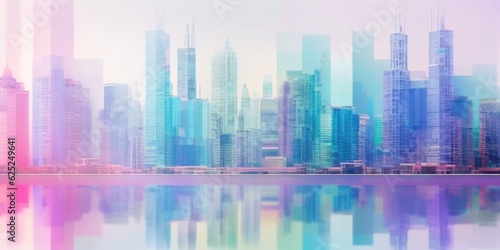 Skyline city abstract urban background. Modern reflections on water illustration. Futuristic skyline town artwork, digital drawing for interior design, fashion textile fabric, wallpaper © Happy Lab