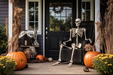 Halloween background. Decorative skeleton sits on orange pumpkins on the porch. Halloween decor. High quality photo