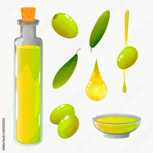 Set of olive oil and cartoon olives on a white background. Bottles, bowls, branches, vector