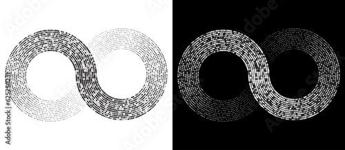 Spiral as halftone dotted abstract infinity symbol. Black shape on a white background and the same white shape on the black side.