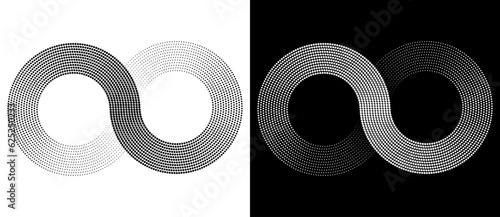 Spiral as halftone dotted abstract infinity symbol. Black shape on a white background and the same white shape on the black side.