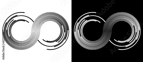 Spiral with lines as abstract infinity symbol. Black shape on a white background and the same white shape on the black side.