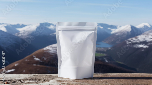 white opaque pouch mockup on mountain made with generative ai