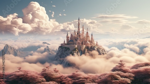  a castle in the clouds above a forest of pink trees. generative ai