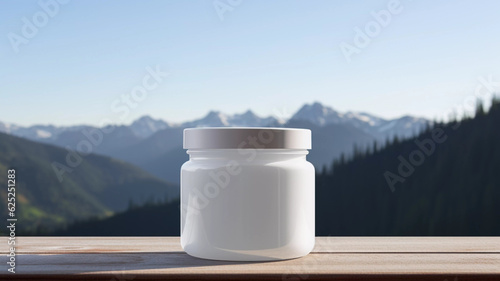 white opaque jar mockup on mountain made with generative ai