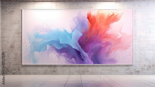  a large painting hanging on a wall in a room with a tiled floor.  generative ai