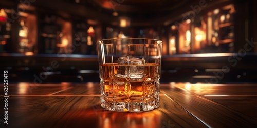 AI Generated. AI Generative. Classic alcohol whiskey scotch drink in glass with ice cubes at bar pub. Night club background decoration mock up mockup view