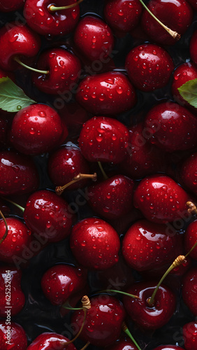 Fresh red cherry with water drops seamless closeup background and texture, neural network generated image