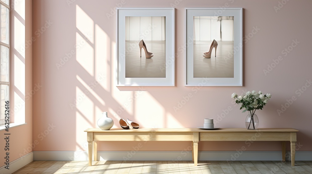 two pictures of high heel shoes on a table in a pink room. generative ai two pictures of high heel shoes on a table in a pink room. generative ai