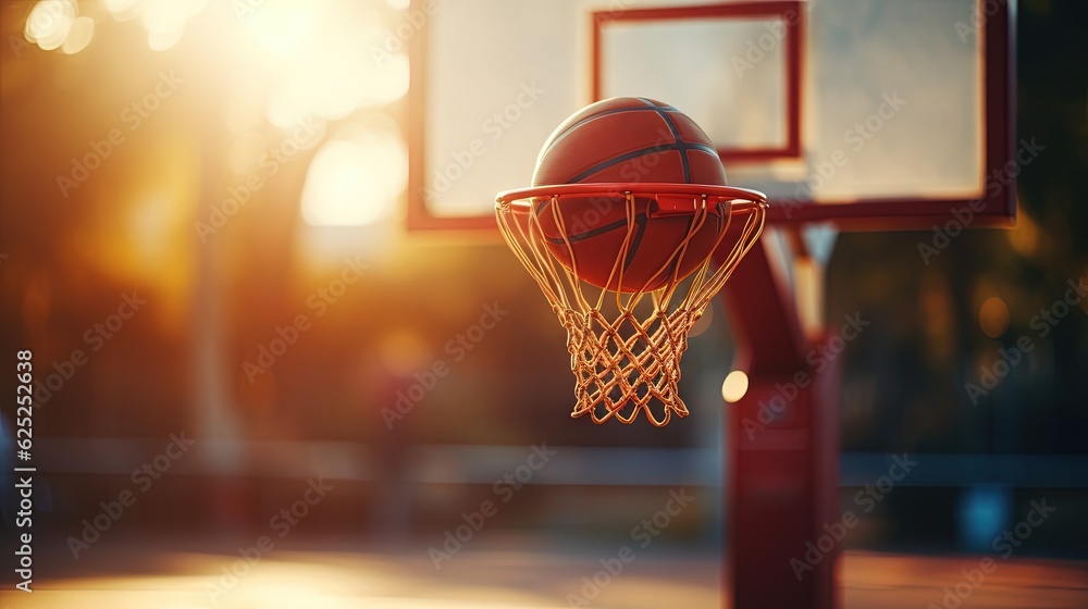  a basketball going through the net of a basketball court at sunset.  generative ai