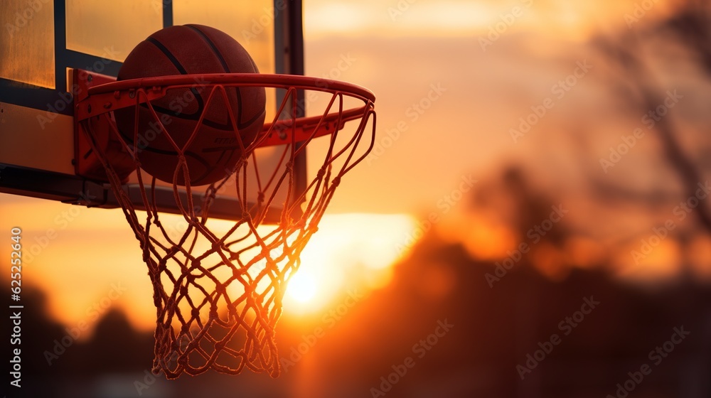  a basketball going through the net at sunset or dawn or dawn.  generative ai