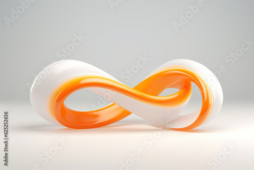 Symbole infini en 3D avec un rendu laqué brillant en orange et blanc sur un fond uni lumineux. Symbole d'infini et d'éternité appelé lemniscate photo