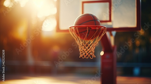  a basketball going through the net of a basketball court at sunset. generative ai