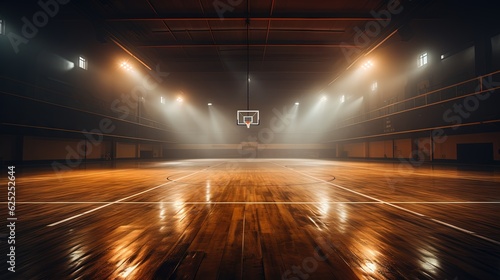  an empty basketball court with lights shining in the dark room. generative ai