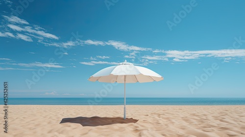  a white umbrella sitting on top of a sandy beach next to the ocean.  generative ai © Jevjenijs
