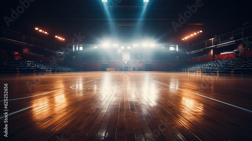  an empty basketball court with lights shining in the dark room.  generative ai © Jevjenijs