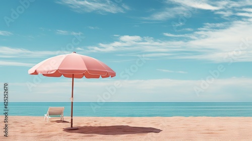  an umbrella and chair on a beach with the ocean in the background. generative ai