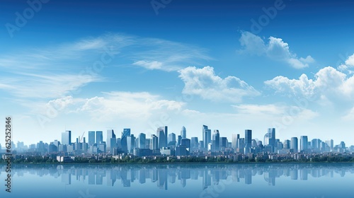  a city skyline with a lake in the foreground and clouds in the sky. generative ai