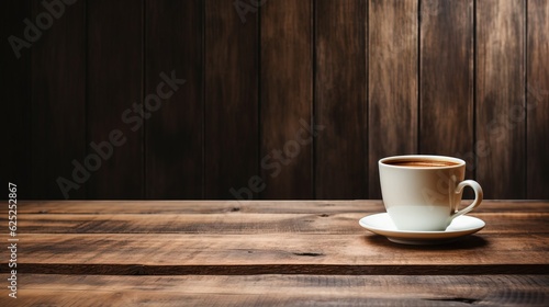  a cup of coffee sitting on top of a wooden table. generative ai