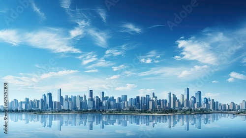  a large city is reflected in the still water of a lake. generative ai