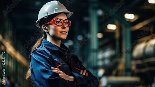  Professional Heavy Industry Engineer Worker Wearing Uniform, Glasses and Hard Hat in a Steel Factory. generative ai. 
