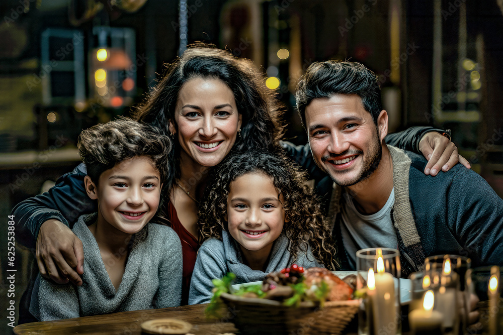 Generative AI illustration of happy family gathering at table for Christmas celebration embracing and smiling happily in evening time looking at camera Generative AI illustration of happy family gathering at table for Christmas celebration embracing and smiling happily in evening time looking at camera