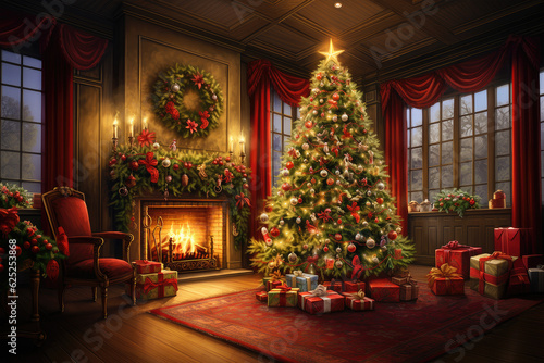 Cozy interior with Christmas decorations and fireplace
