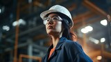  Professional Heavy Industry Engineer Worker Wearing Uniform, Glasses and Hard Hat in a Steel Factory. generative ai. 