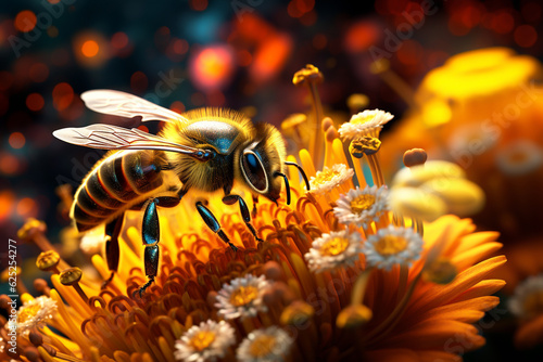 Vibrant AI generator illustration of very realistic bee searching for pollen