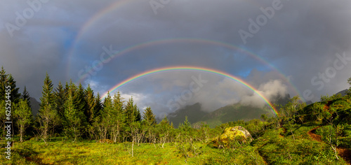 Regenbogen über einer skandinavischen Landschaft