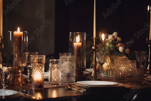 Stylish wedding table decorated with candles and flowers, neural network generated image photo