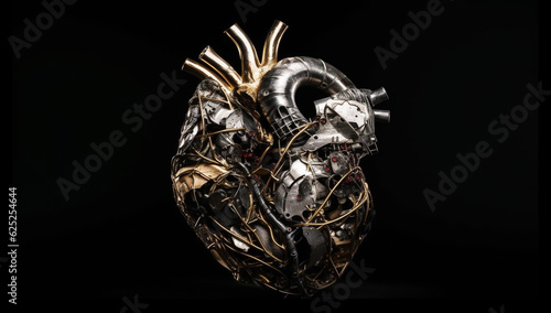 Anatomical human heart formed by pieces of metal. AI generated 