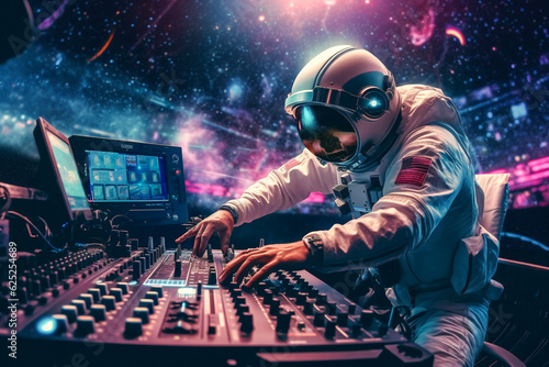Astronaut DJ playing music in spaceship. Generative AI.