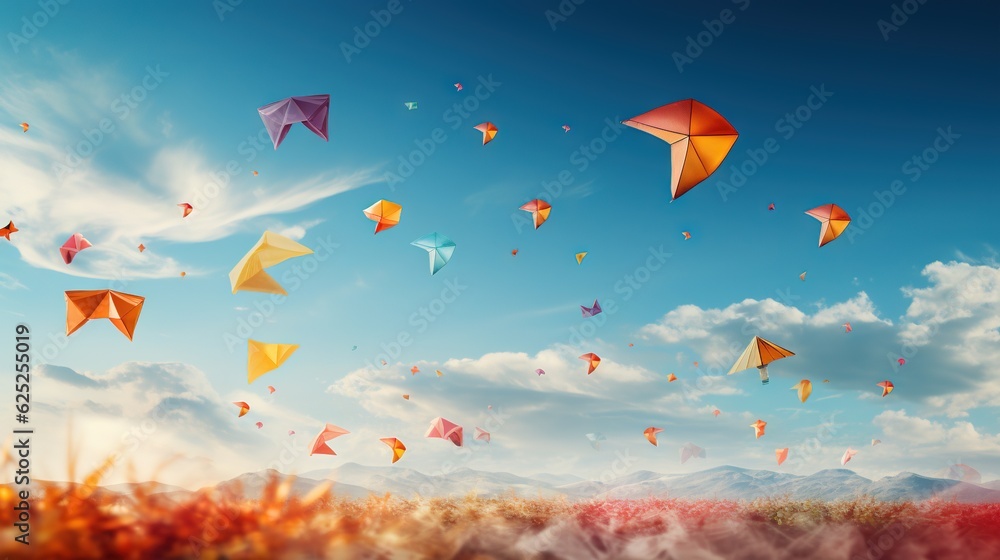  a group of kites flying in the sky above a field.  generative ai