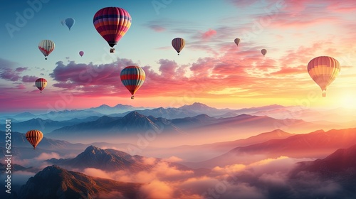  a group of hot air balloons flying over a mountain range. generative ai
