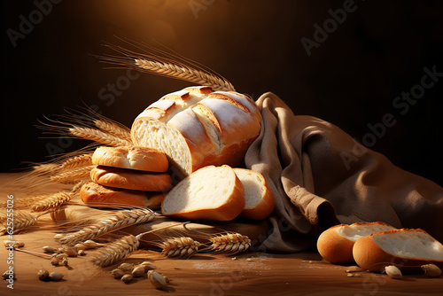 Illustration still life with various types of fresh bread and ears of wheat | AI