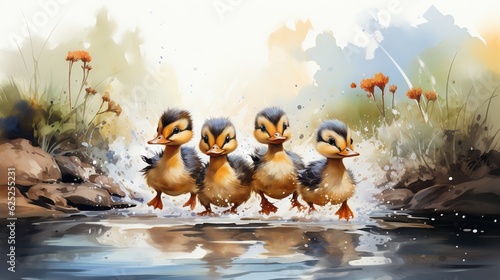  a painting of three ducklings splashing in a pond. generative ai