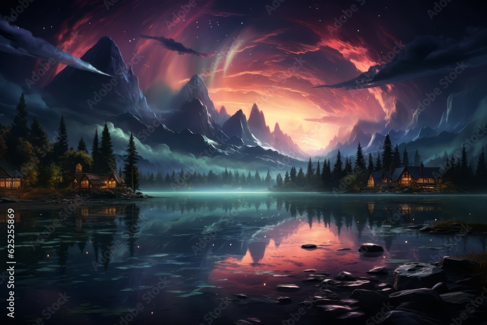 Illustration of a serene landscape with a layer overlay of swirling auroras, creating a magical and ethereal atmosphere. Generative Ai