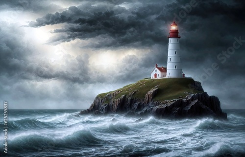 Lighthouse in Stormy Sea created with Generative AI.