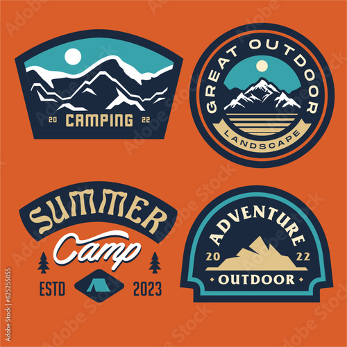 set collection of vintage adventure badge. Camping emblem logo with mountain illustration in retro hipster style.