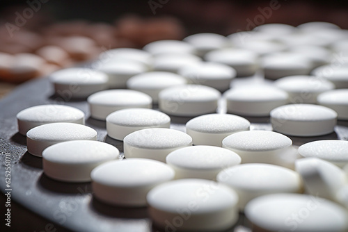 Macro of white tablets on metal table. Opioid drug abuse. High quality photo