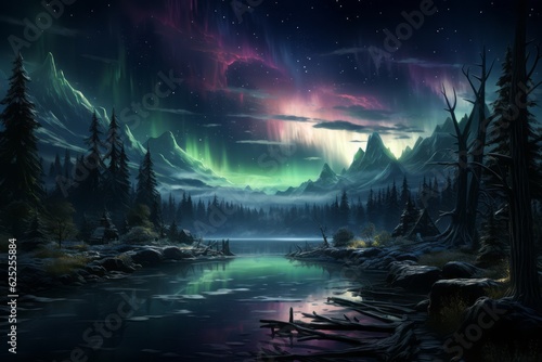 Illustration of a serene landscape with a layer overlay of swirling auroras  creating a magical and ethereal atmosphere. Generative Ai