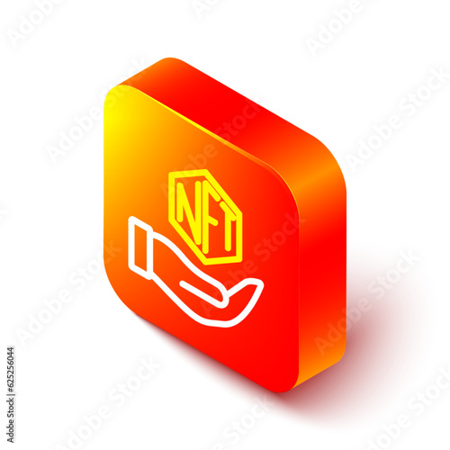 Isometric line NFT Digital crypto art icon isolated on white background. Non fungible token. Orange square button. Vector
