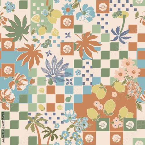 Tropical motif flower and leaves on checkerboard background seamless pattern